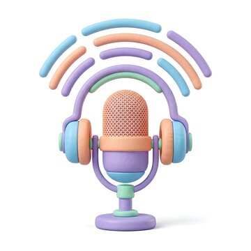3D render of pastel microphone and headphones with sound waves