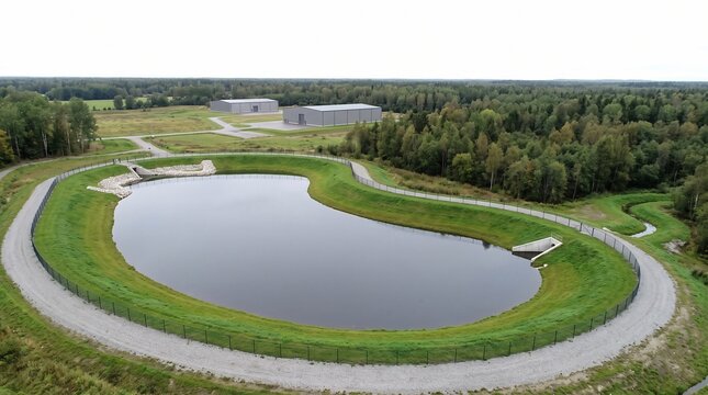 Detention Pond Aerial With A Rock Forebay Under Flat Overcast