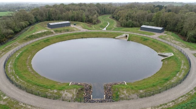 Detention Pond Aerial Of A Circular Basin And Its Spillway