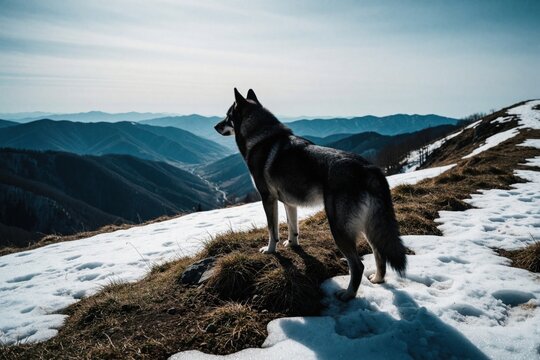 Lone husky dog stands on snowy mountain peak. Siberian malamute looks at scenic blue hills, valley below. Wild wolfdog silhouette against dramatic sky in landscape. Pet animal explores high altitude