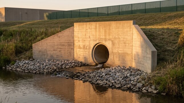 Outfall Structure Set Into A Grassed Embankment With A Circular Pipe Mouth Spilling Water Onto Riprap Beside A Still Stream In Evening Light
