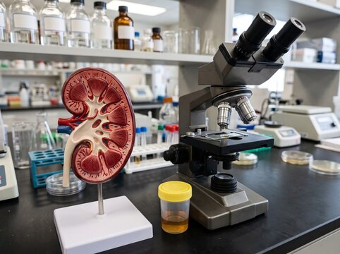Anatomical kidney model with microscope and urine sample container on a laboratory table for medical examination and scientific research in a clinical diagnostic facility