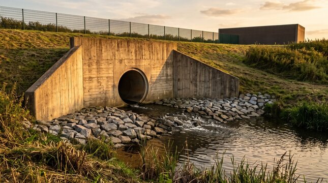 Outfall Structure Of Board Marked Concrete With Splayed Wingwalls Discharging Over A Grey Riprap Apron Into A Slow Stream At Golden Hour
