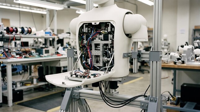 Robot Torso Open Panel Revealing Motors Linear Rails And Coloured Wiring On A Workshop Stand In A Robotics Lab