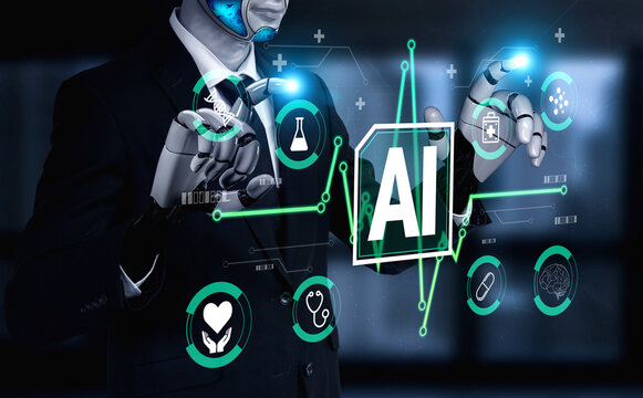 Businessman with Robot Hands Interacting with AI Technology and Futuristic Icons Representing Innovation in Various Industries Haptic.