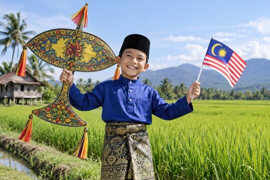 Patriotic Malay Village Boy in Paddy Field 08