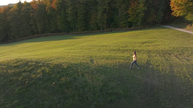 AERIAL, LENS FLARE: Woman walks across sunlit meadow toward scenic viewpoint in Dolenjska, Slovenia. Peaceful and relaxing walk in warm golden light among rolling hills and colourful autumn forest.