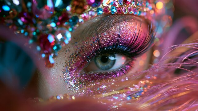 Close-up of carnival dancer eye with jeweled mask and colorful details during festival celebration Generative AI