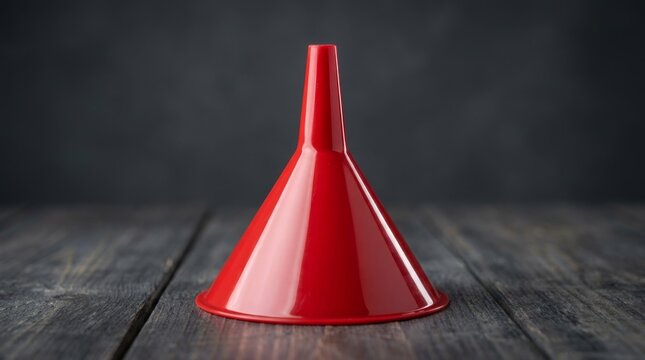 Red plastic funnel on a dark wooden surface.