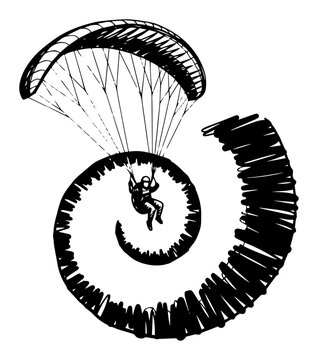 Paraglider Silhouette in Spiral Descent Vector Illustration of Extreme Paragliding Flight
