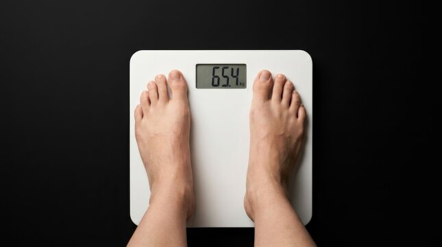 Bare feet of a person standing on a digital weighing scale for weight measurement.