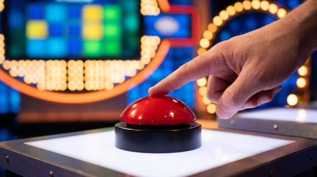 A hand pressing a large red buzzer on a bright game show platform.