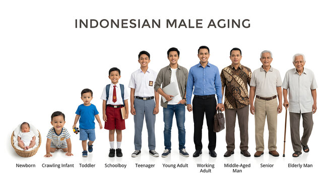 Indonesian male aging from newborn to elderly man. The progression shows different stages of life, from infancy to old age PNG isolated Transparent or white Background