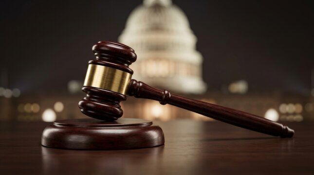 A wooden gavel rests on a sounding block with a government capitol building in the background.