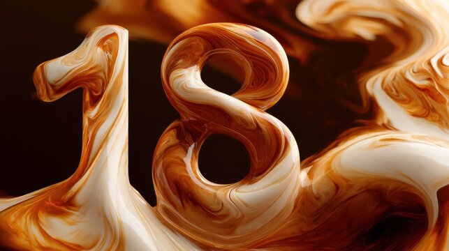 Number 18 created from swirling coffee and cream liquid. The texture is smooth with warm light highlighting the marbled colors on a dark background.