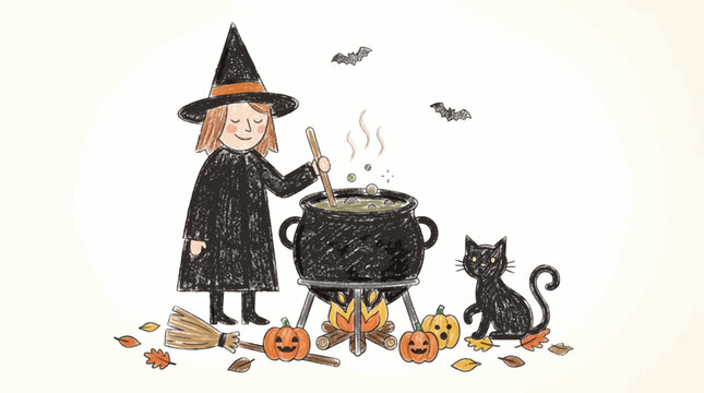 Whimsical Halloween Scene with a Young Witch Stirring a Cauldron and a Black Cat