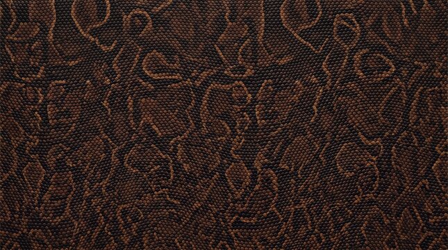 Flat decorative surface artwork inspired by ball python skin, dominant espresso-black ground with deep chestnut and muted copper-brown irregular loop markings, narrow caramel transitions, subdued warm