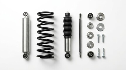 Fototapeta premium Automotive car shock absorber with coil spring and various hardware components on white background.