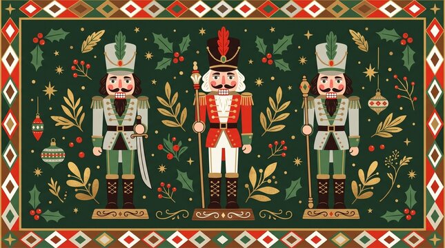 Flat christmas illustration, three nutcracker soldiers in the center, middle soldier in red and white uniform, two side soldiers in light gray and green uniform, dark green background