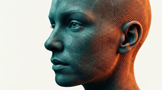 A profile of a human face composed of intricate fingerprint patterns representing evolving personal identity.