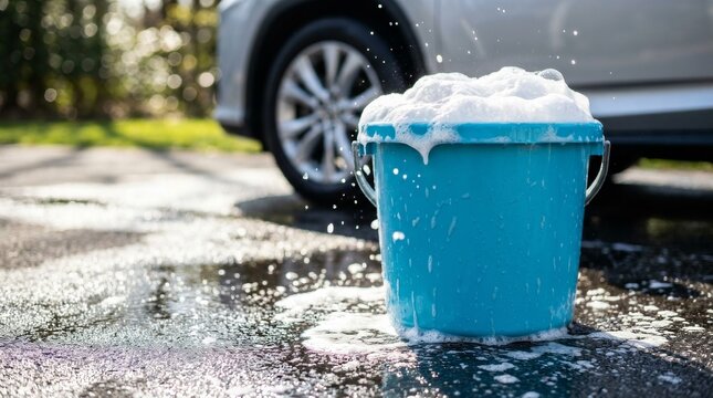Blue bucket filled with soapy suds for car washing on a wet driveway.