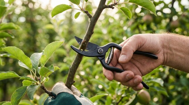 Gardener hands pruning a tree branch with gardening shears in a spring outdoor garden.
