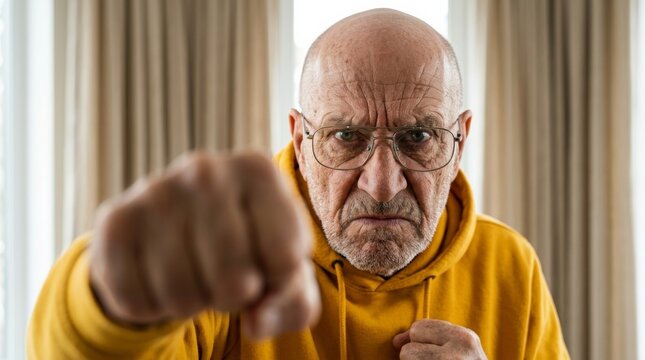 Angry caucasian man wearing eyeglasses and showing a clenched fist in a portrait.