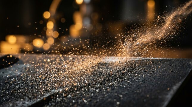 Sand particles used in sandblasting to clean and prepare surfaces for coating.