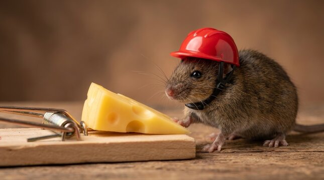 A small mouse wearing a red safety helmet cautiously approaches a piece of cheese on a mousetrap.
