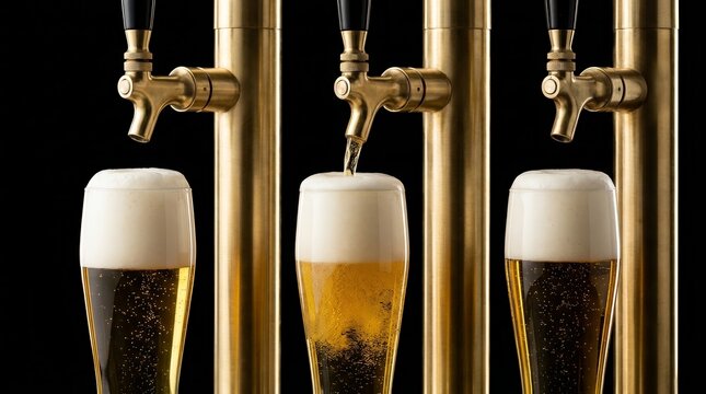 Three glasses of draft beer being poured from brass beer taps with foam.