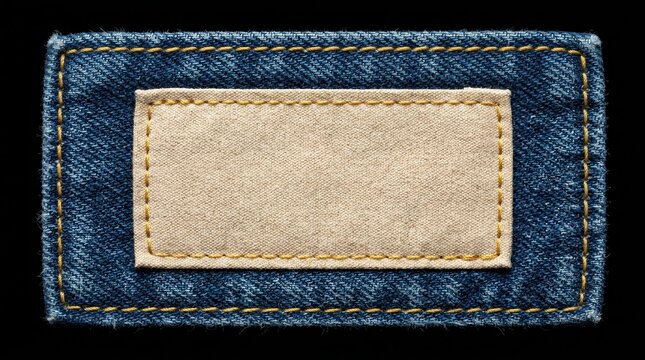 Beige rectangular fabric label sewn onto a blue denim patch with yellow thread stitching.