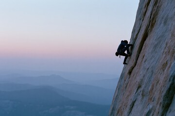 Obraz premium The Climber Mastering a Steep Cliff at Dawn Across Expansive Mountain Range