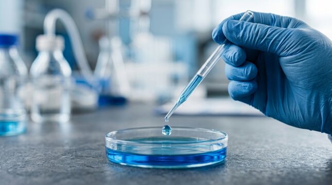 A liquid droplet being applied to a hydrophobic surface for laboratory contact angle testing.