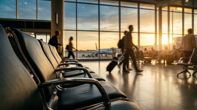 Passengers walk and wait in an airport terminal, ready to embark on their global travel journeys.