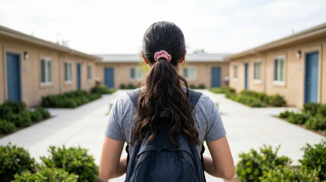A woman looking at a transitional housing complex designed for temporary housing and supportive services.