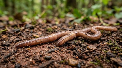 Fototapeta premium Two earthworms crawling on wet reddish-brown soil in a close-up view.