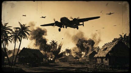 Obraz premium Bomber aircraft flying over a tropical village during wartime explosions.