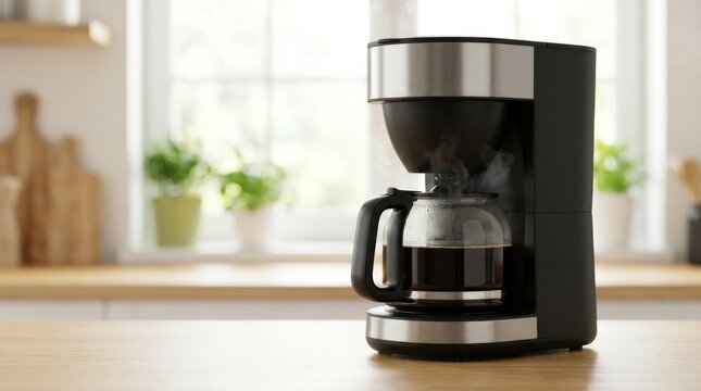 Modern drip coffee maker brewing fresh coffee in a sunny kitchen.