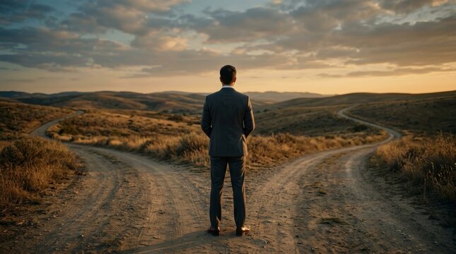 A man stands at a fork in the road, representing careful evaluation of moral implications before making choices.