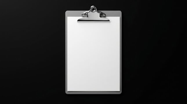 A clipboard with a blank sheet of white paper secured by a metal clip.