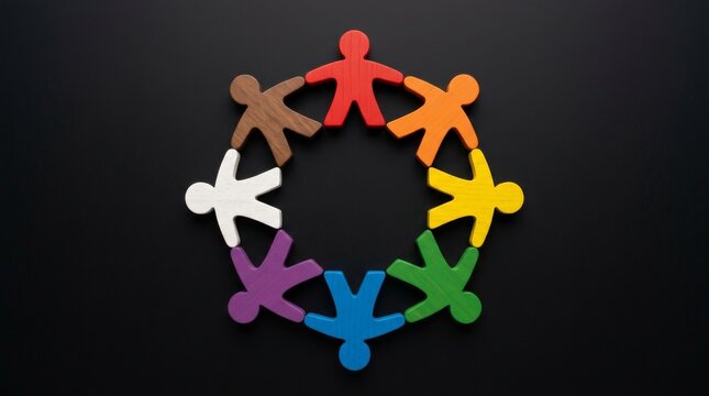 Colorful wooden human figures holding hands in a circle to symbolize unity and diversity.