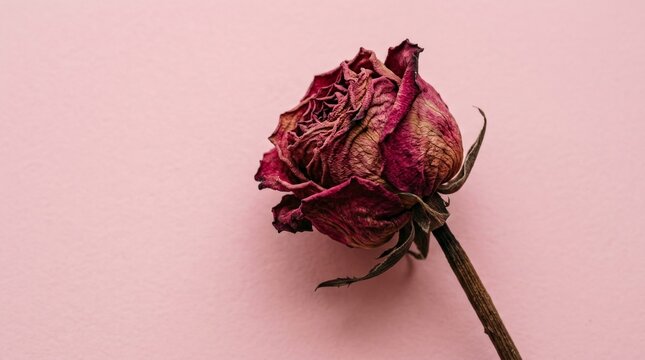 A single dried withered rose bud on a pink background.