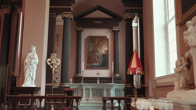 Ornate Catholic Church Altar with Religious Statues, Columns and Sacred Artwork
