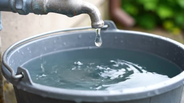 A solitary drop of fresh water drips from a metal faucet into a collection bucket, highlighting the critical need for global water conservation and sustainable resource management