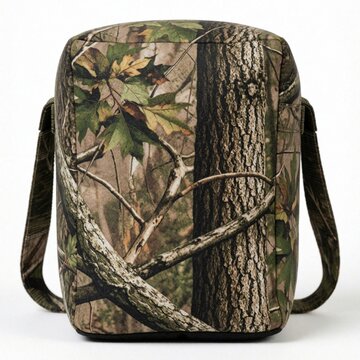 Camouflage photography bean bag holds camera lens steady. Outdoor gear bag offers support for wildlife, nature shots. Portable support for long lens stability.
