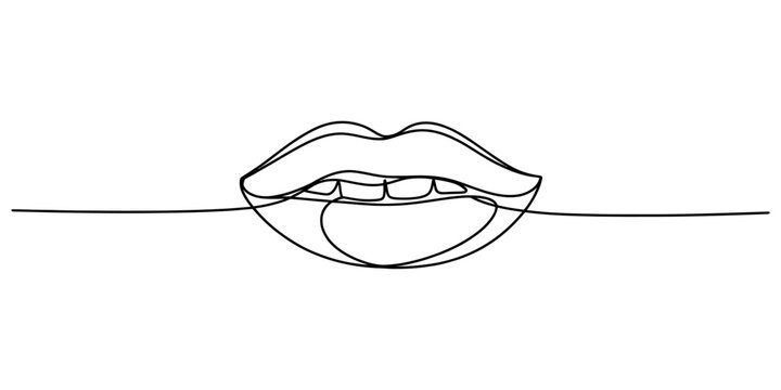 Continuous single line drawing of human mouth with lips and teeth isolated on a white background Vector, illustration