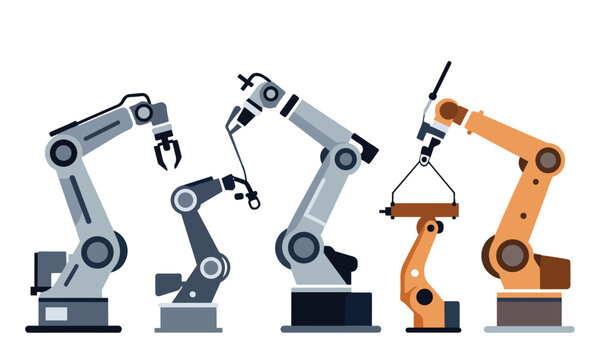 Industrial robotic arms of different shapes and functions designed for automated manufacturing and assembly line production.