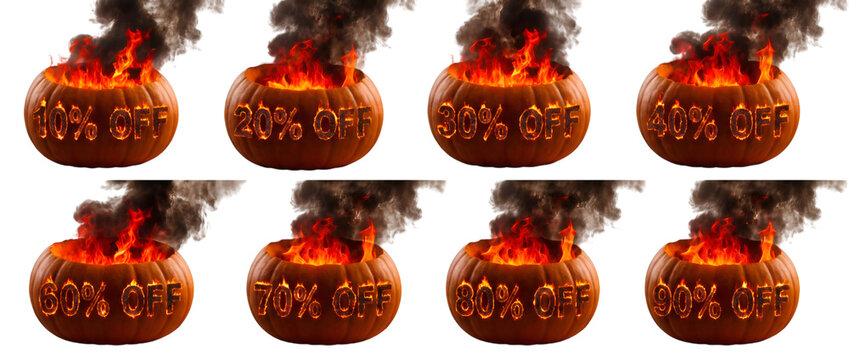 Halloween Hot Sale Banner with Burning Pumpkins, Roaring Fire, Smoke and Fiery Discount Text Isolated on Transparent
