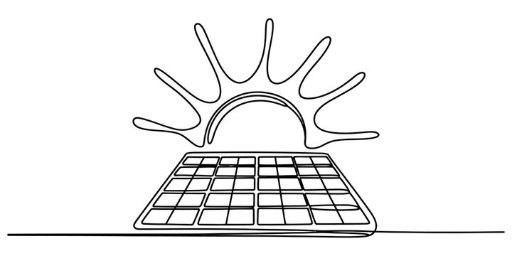 Solar panel with sun icon drawn in a continuous single line style representing green energy power and sustainable technology isolated on transparent background