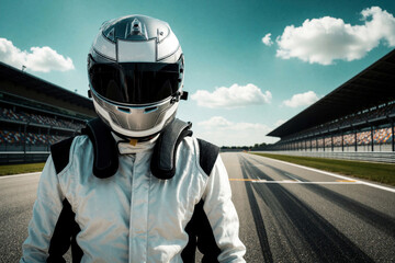 Obraz premium Racer in white suit and helmet stands on asphalt track before grandstand seats. Athlete ready for motorsport speed competition on sunny day with clouds. Professional driver prepares for race.